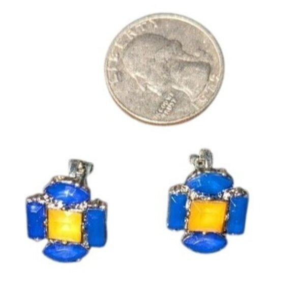 Vintage Blue Yellow Clip-On Earrings Silver-Tone Details Retro Geometric Design - Picture 1 of 7